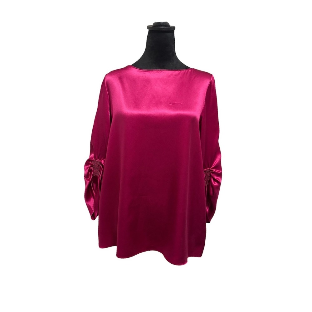 Lafayette 148 Blouse Women M Magenta Silk Smocked Sleeve Satin Top EUC